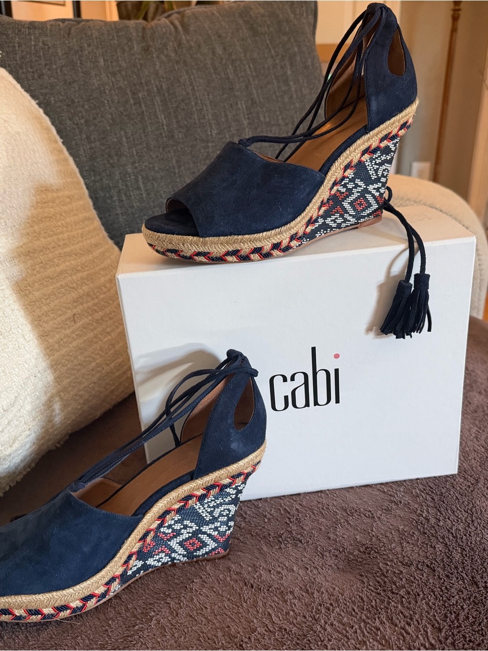 CAbi Navy Suede Lace-Up Wedge Espadrilles with Patterned Wedge